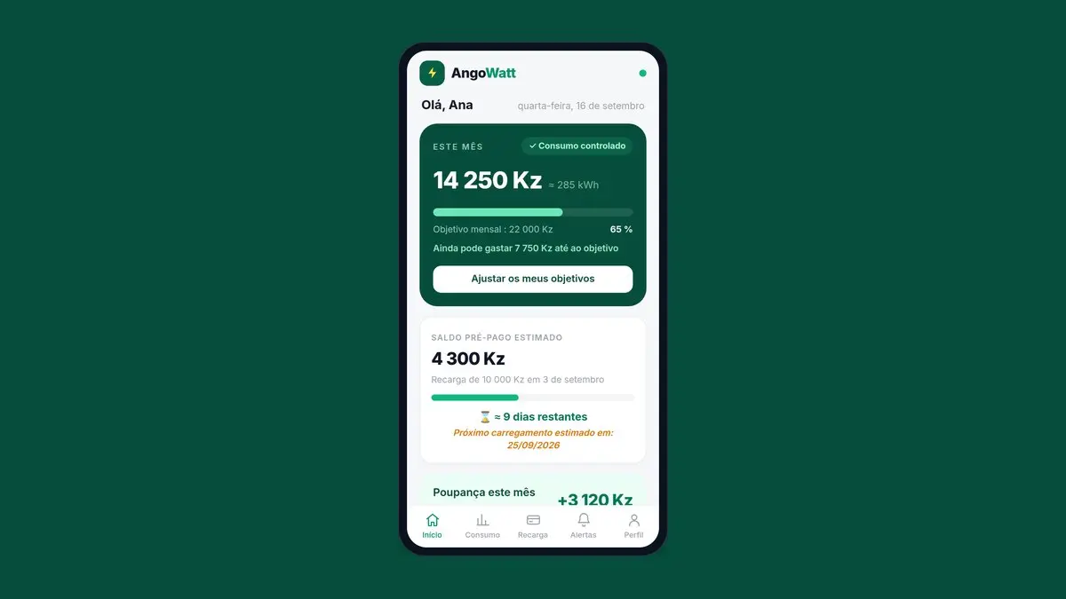 Ecrã inicial da aplicação AngoWatt num telemóvel