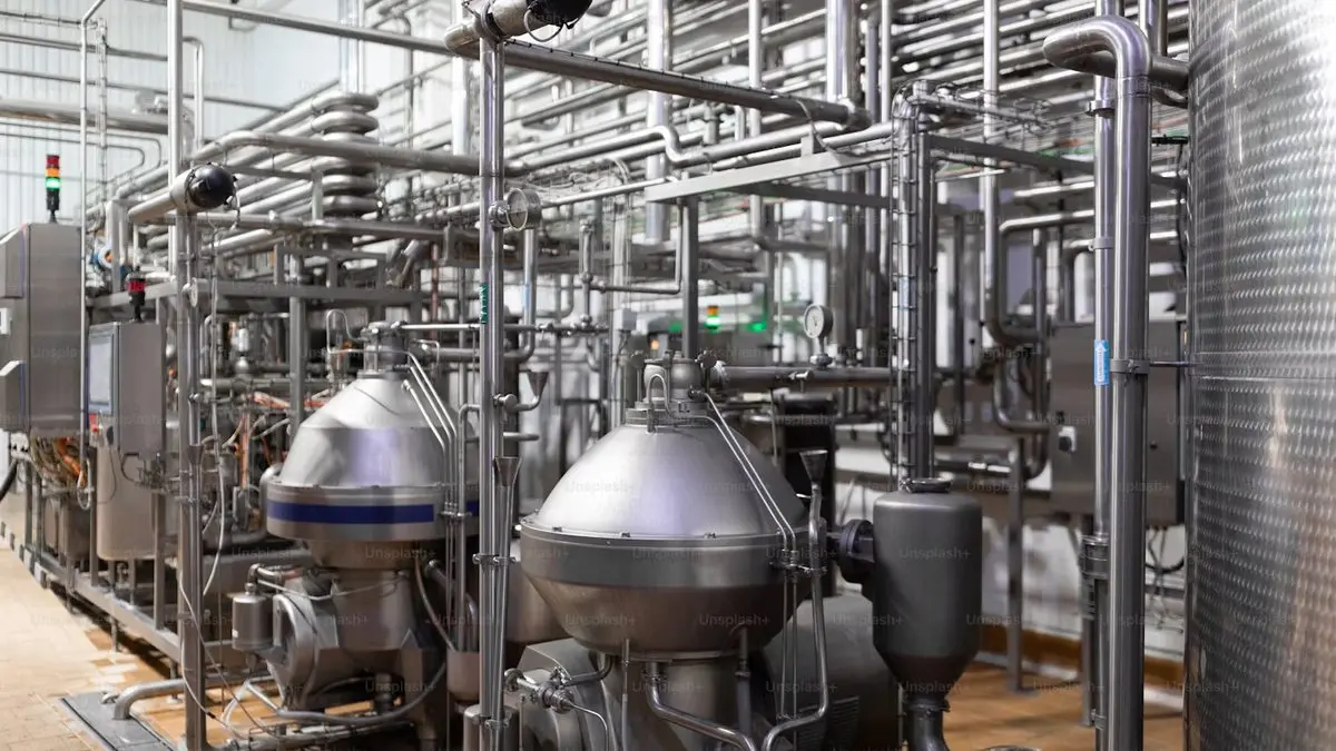 Sala de processo com tubagem inox e separadores